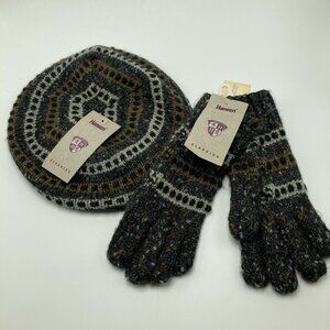 Vintage Zwicker Knitting Mills Hansen Winter Beret Hat Gloves Brown Gray Tweed
